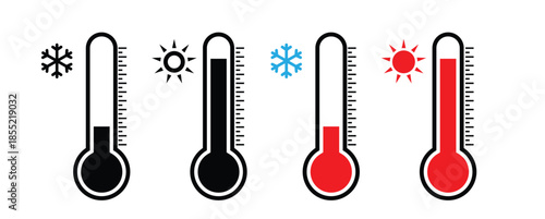 Thermometer Weather Icon Set - Hot and Cold Temperature Symbols with Sun and Snowflake Indicators