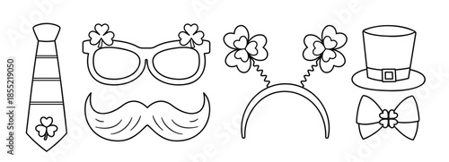 Set of St. Patrick's Day outline, coloring pages and templates.
Includes a clover, a coin, a horseshoe, a Leprechaun hat, a gift box, party glasses, a mustache, a tie, a bow tie, and a headband.