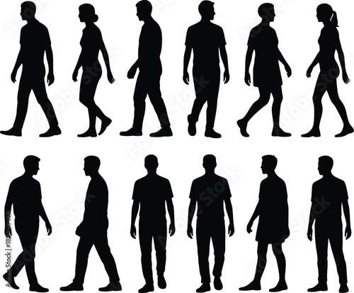 Silhouettes of people walking in various styles Vector