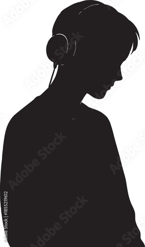 Stylized black silhouette of a person wearing headphones, head slightly bowed in a relaxed posture. The minimalist composition emphasizes mood and anonymity, evoking themes of introspection, audio imm