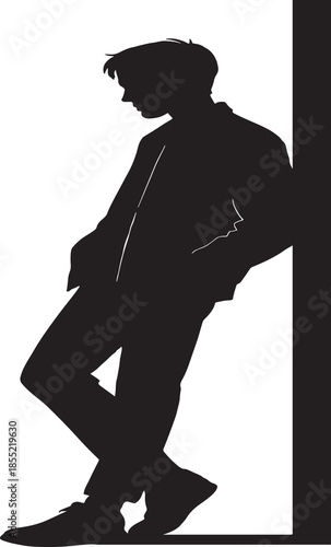 Stylized black silhouette of a solitary figure standing at the edge of a rooftop, gazing toward a distant city skyline. The contemplative stance—hands in pockets, head slightly bowed—evokes themes of 