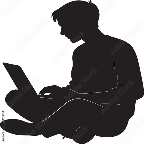 Stylized black silhouette of a person seated cross-legged, focused on a laptop with both hands on the keyboard. The minimalist posture evokes themes of digital engagement, remote work, and casual comp