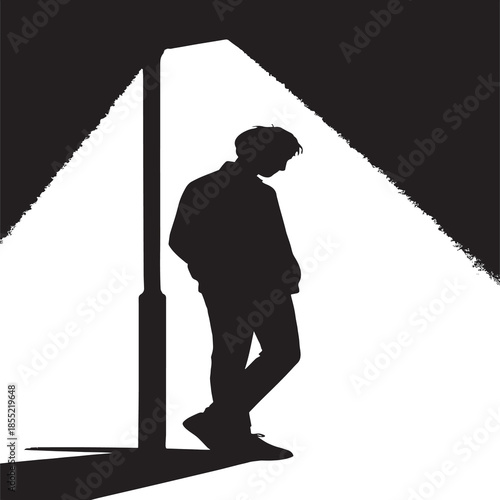 Stylized black silhouette of a solitary figure leaning against a streetlight pole, head slightly bowed. The illuminated triangle of light contrasts sharply with the surrounding darkness, casting a dis