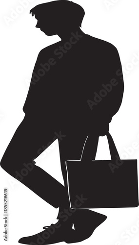 Stylized black silhouette of a casually dressed individual standing with one leg crossed over the other, holding a rectangular tote bag. The relaxed posture and minimalist form evoke themes of everyda