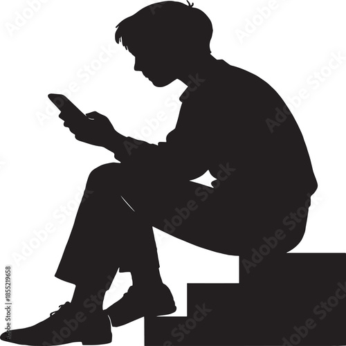 Stylized black silhouette of a person seated on a staircase, legs bent and elbows resting on knees, focused on a smartphone. The relaxed posture and minimalist composition evoke themes of digital enga