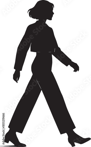 Stylized black silhouette of a person in motion, wearing wide-legged pants, a long-sleeved top, and heeled shoes. The bob-cut hairstyle and dynamic walking posture—arm swinging, leg stepping forward—e