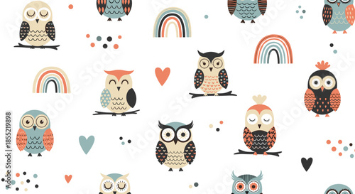 Colorful owls with rainbows and hearts create a vibrant and cheerful seamless pattern for nursery room accessories.