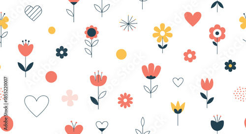 Scandinavian style flower seamless pattern with simple floral elements, hearts, and dots on a clean white background for home decor.