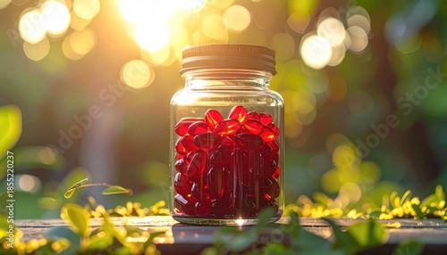 Red Capsules in Glass Jar Outdoors in Sunlight