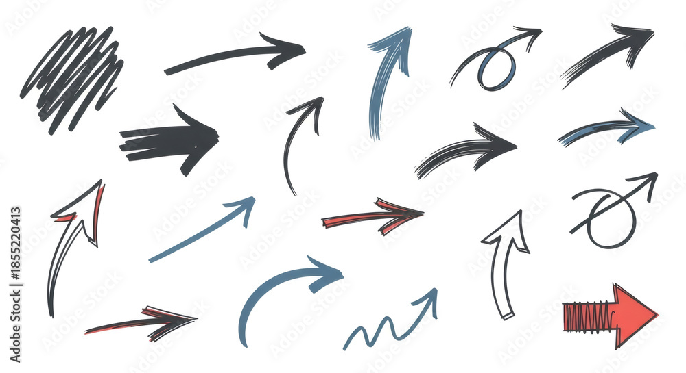 Fototapeta premium Collection of diverse hand-drawn arrows pointing in various directions, symbolizing direction and choice.