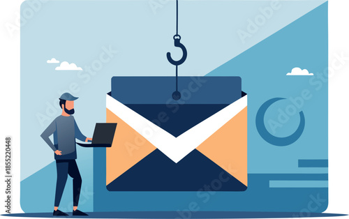 Phishing Email with Hook Symbol Representing Identity Theft and Data Stealing Cyber Attack