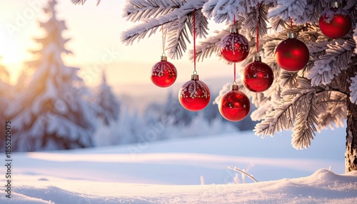 Red Christmas Ornaments on Snowy Tree Branch at Sunrise