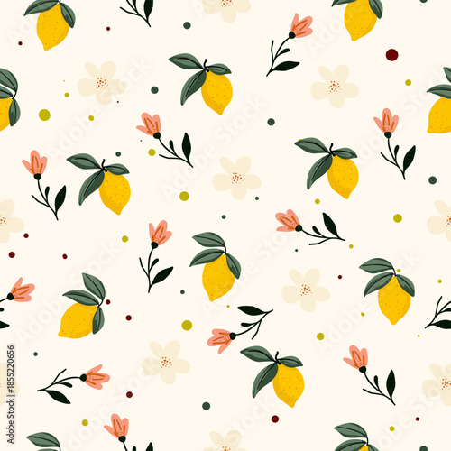Seamless Lemon and Flower Pattern on Milk Background