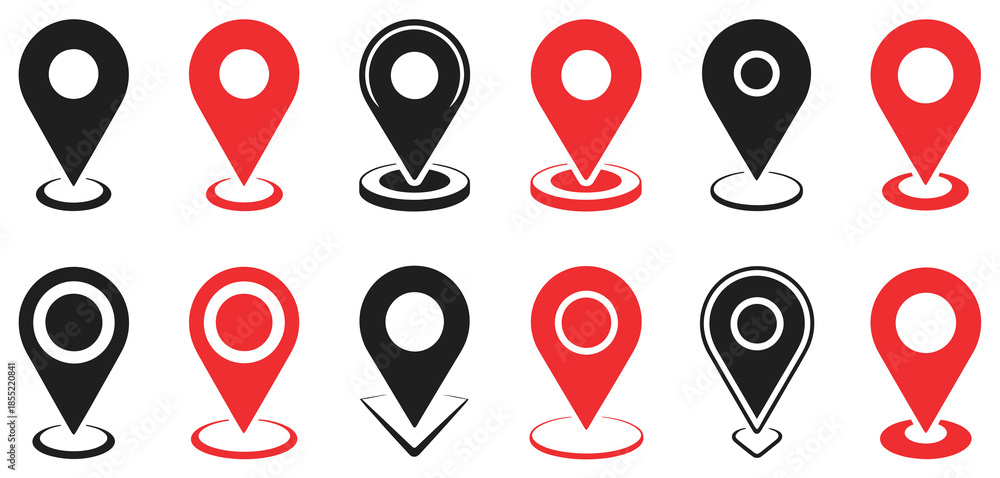 Fototapeta premium Location pin icon set, map pointer collection featuring red and black location pins, vector graphics for maps, navigation, GPS tracking