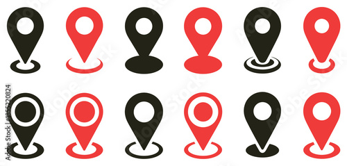 Location pin icon set, vector collection of red and black map pointers, ideal for navigation apps, GPS tracking, mapping projects, direction interfaces,