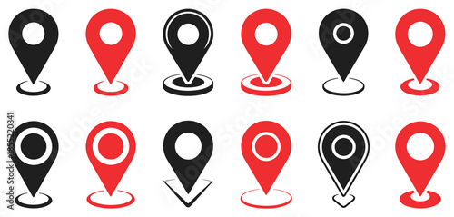 Location pin icon set, map pointer collection featuring red and black location pins, vector graphics for maps, navigation, GPS tracking