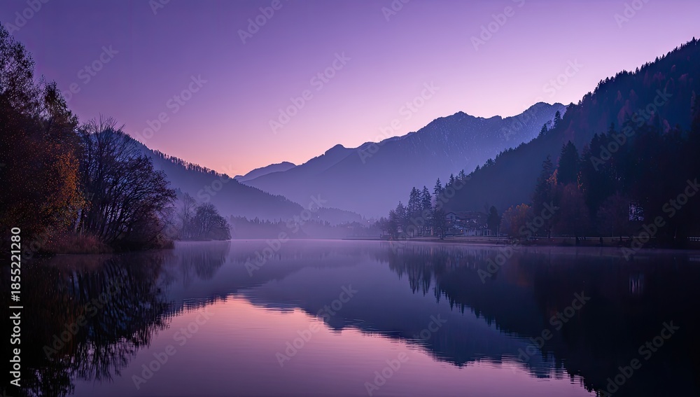 Fototapeta premium Serene lake at dawn, reflecting a hazy mountain range in a tranquil purple-toned landscape.