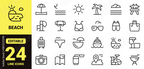 Beach and Summer Vacation Line Icon Set with Palm Tree, Sunset, Surfboard, Cruise Ship, Sunglasses, Swimming Suit and Tropical Travel Symbols
