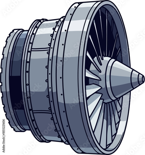 Close up illustration of a jet engine turbine with detailed blades and metallic casing showing rivets and segmented bands