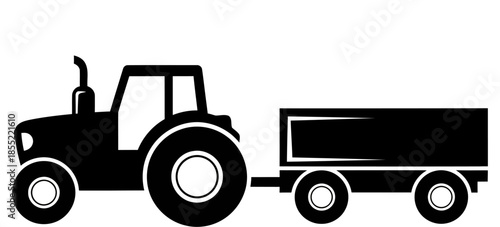 Black silhouette of a tractor with a trailer attached, depicted as a simple graphic icon on a white background, suitable for agricultural or industrial themes