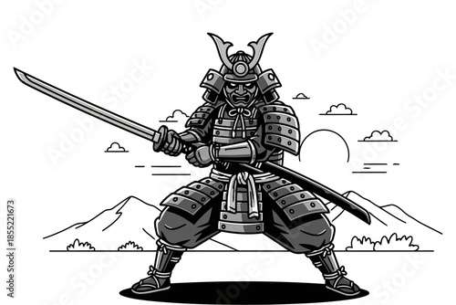 Fierce japanese samurai warrior in traditional armor holding a katana sword in a dynamic pose against a stylized mountainous landscape with clouds