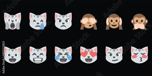 Cute animal emoji faces set. Expressive wolf and monkey emotions in flat icon style. Perfect for chat, stickers, apps, and digital communication designs.