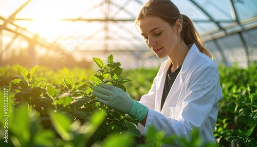 Scientist Examining Plants in Greenhouse at Sunset
