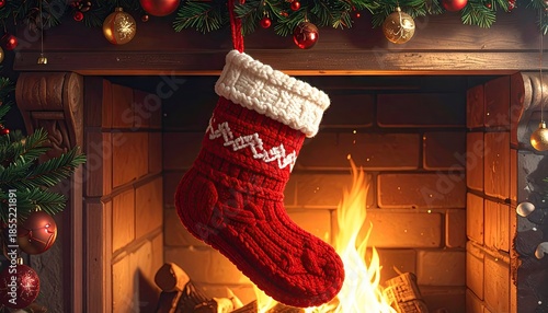 Red Knit Christmas Stocking Hanging by Fireplace