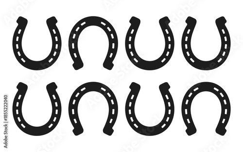 Lucky charms, collection of eight black horseshoe vector designs representing luck, success, and charm, perfect for holiday graphics, decorative art