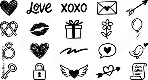 Set of cute hand drawn valentine doodles. Vector sketch icons including heart, lips, key, lock, diamond ring, and love letter for sticker.