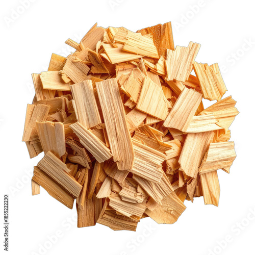 A pile of light brown wood chips isolated on a solid black background.