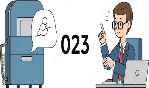 Man interacting with an atm and a thought bubble above it