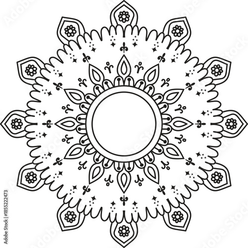 Intricate black and white mandala design with floral patterns and geometric shapes