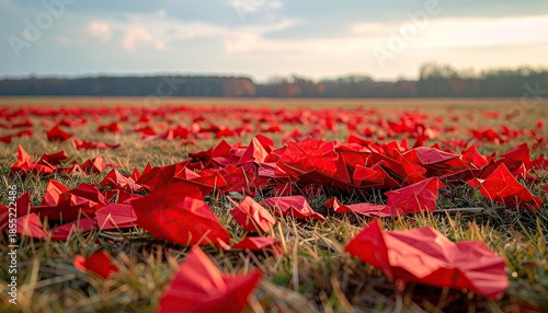 Red Paper Petals Scattered on Grassy Field