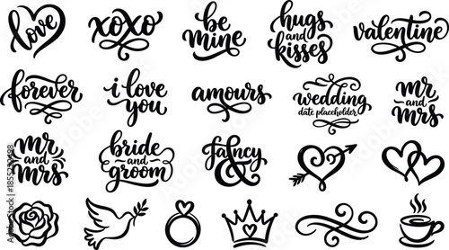 Set of romantic calligraphy phrases and love quotes. Vector hand drawn typography including valentine, wedding, and engagement text for greeting card.