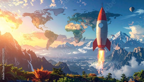 Red Rocket Launching Over Mountain Landscape at Sunrise