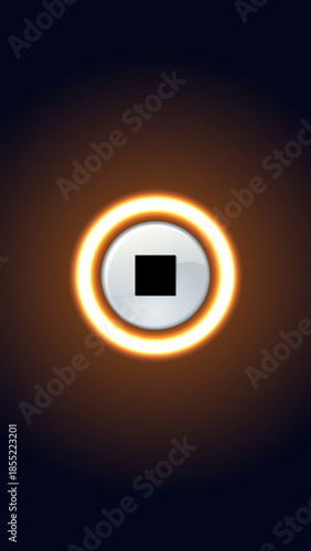 3D vector illustration of a round power button icon with a glowing light symbol on a black background for computer and web design