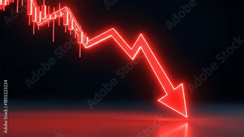 Abstract Glowing Red Arrow Indicating Downward Trend Over Dark Blue Background With Soft Reflection