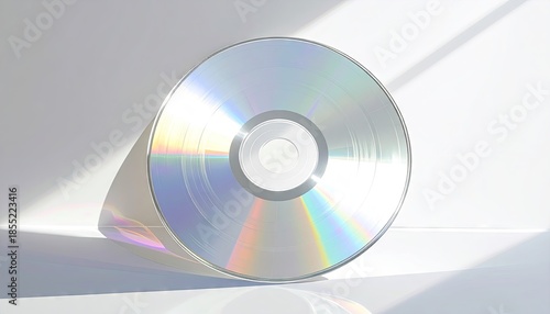 Reflective Compact Disc with Rainbow Iridescence on White Surface