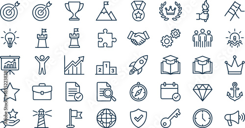 Achievement success leadership line icons set, goal target growth strategy teamwork motivation minimal outline vector illustration collection business performance success