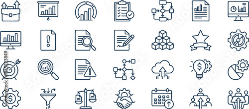Business analytics management line icons set, data report workflow strategy growth planning minimal outline vector illustration collection