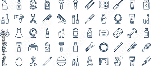 Beauty cosmetics line icons set, skincare makeup hair care hygiene salon minimal outline vector illustration collection