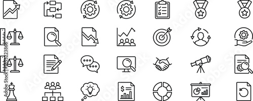 Business strategy management line icons set, analytics planning teamwork leadership performance growth minimal outline vector illustration collection