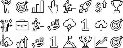 Business success growth line icons set, achievement target profit startup leadership analytics finance minimal outline vector illustration collection