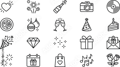 Celebration party line icons set, birthday anniversary wedding love music gift fireworks camera champagne minimal outline vector illustration