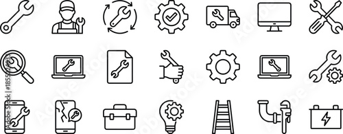 Line repair service icons set, maintenance tools symbols, technical support collection, outline mechanic equipment, vector illustration isolated on white