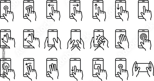 Mobile touch gesture line icons set, smartphone swipe tap scroll pinch interface interaction vector illustration collection