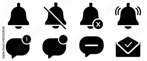 Notification and message status icon set with bell alerts, new unread and read messages, mute and disabled notification symbols for apps, dashboards and UI interfaces. Solid Bell icons- Silhouette