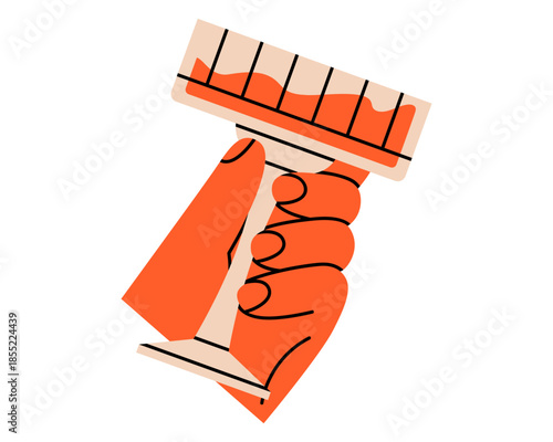 Illustration of hand holding champagne saucer. Vector wine glass in arm sticker. Party or festival event. Cheers toast. Isolated.