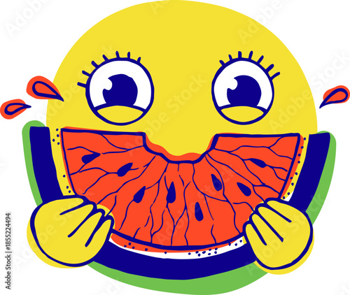 Hand drawn naive illustration of a happy smiling face eating a watermelon slice. Playful summer artwork. Emotions, creativity and carefree fantasy mood.